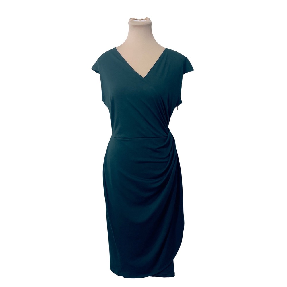 Berydress Dress Large Green V-Neck Faux Wrap Ruched Sheath‎ Modest Minimalist
